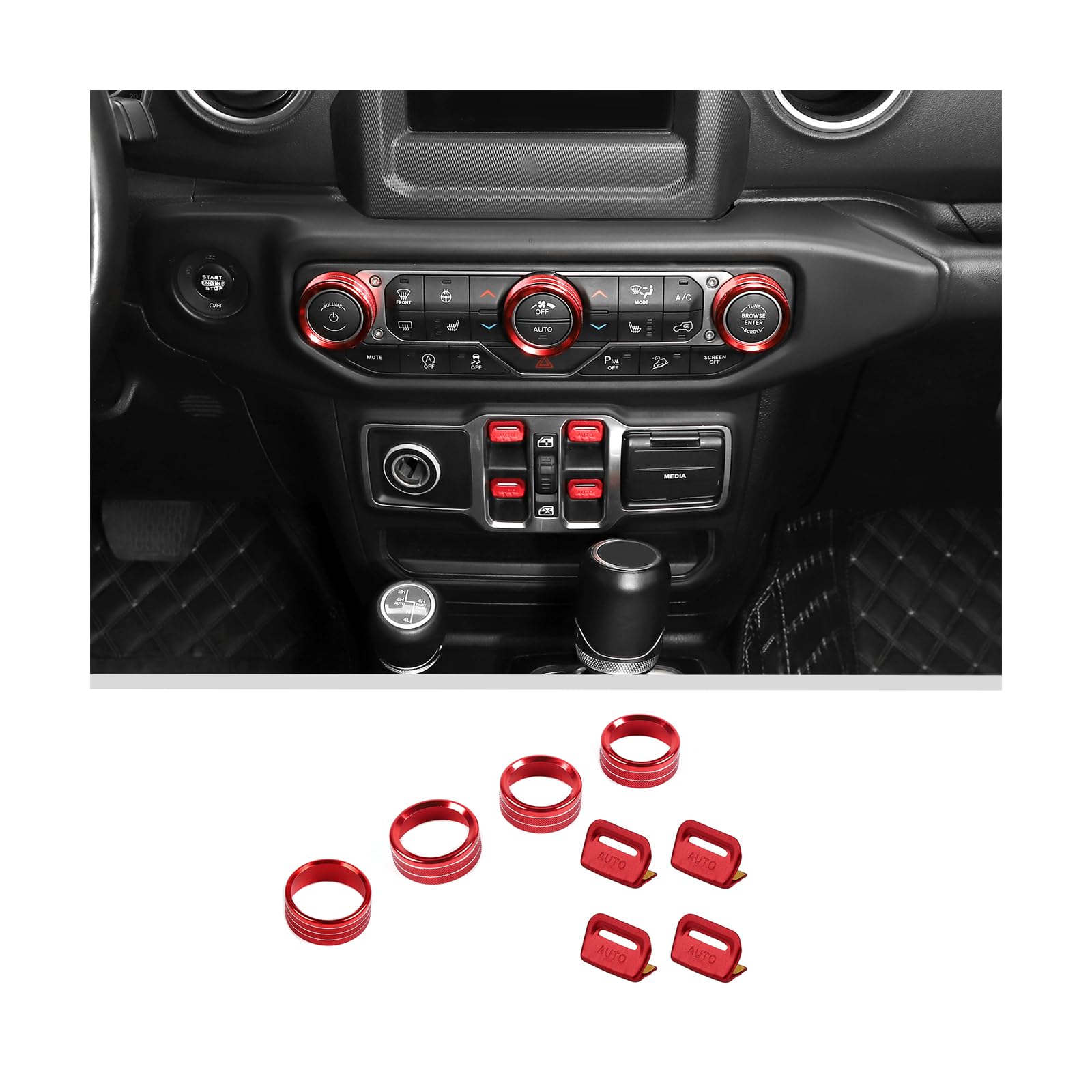 Photo 1 of JWWY Control Consoles & Dash Switch Knob Cover Kit, A/C Knob Headlight Switch Window Control Cover Trim Fit for 2018-2025 Jeep Wrangler JL Gladiator JT 4xe Interior Accessories Alu Alloy Red 8PCS