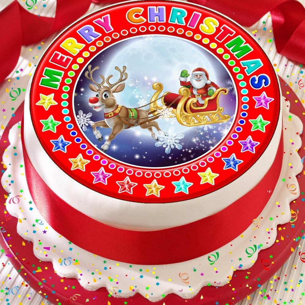 MERRY CHRISTMAS SANTA SLEIGH PRE-CUT 7.5 INCH EDIBLE ICING CAKE TOPPER DECORATION 1935