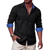 Ailisus Mens Linen Shirts Long Sleeve Casual Button Down Shirt Untucked Regular Fit Contrast Collar Dress Shirt with Pocket