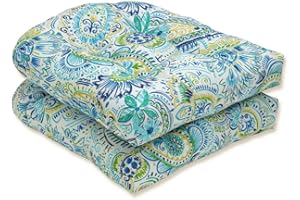 Pillow Perfect Paisley Indoor/Outdoor Chair Seat Cushion, Tufted, Weather, and Fade Resistant, 19" x 19", Round Corner, 2 Count, Blue/Yellow Gilford