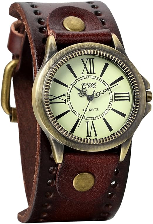 Avaner Unisex Punk Retro Bronce Esfera Redonda Marrón Correa De Cuero Ancho Brazalete Brazalete Números Romanos Analógicos Relojes De Pulsera De ...