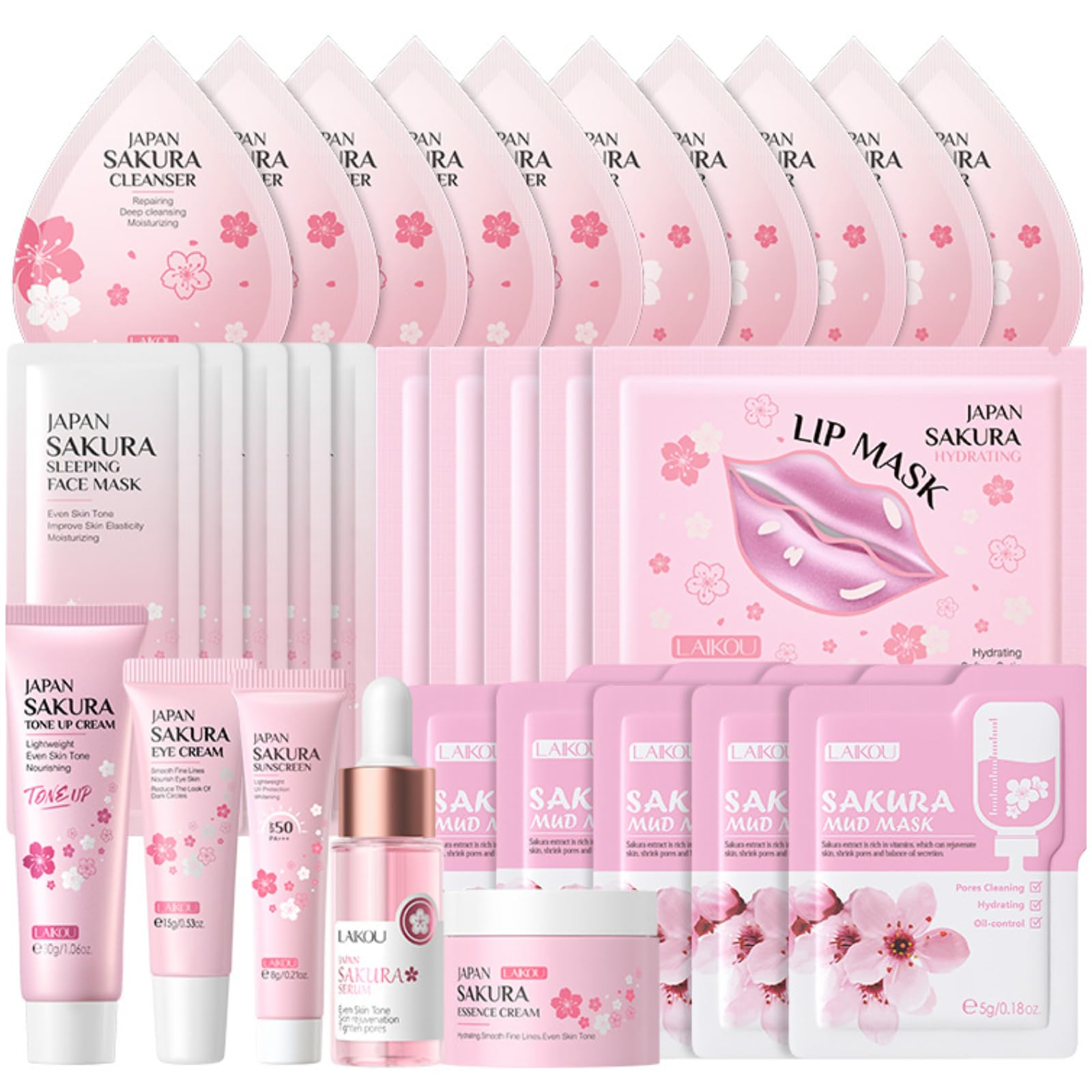 Sakura Skincare Set | 30PCS Facial Cleanser Set| Pamper Gift Sets with Cream, Serum, Toner, Eye Cream, Lip Mask, Mud Mask, Sleep Mask | Japanese Cherry Blossom Skincare Gift Box