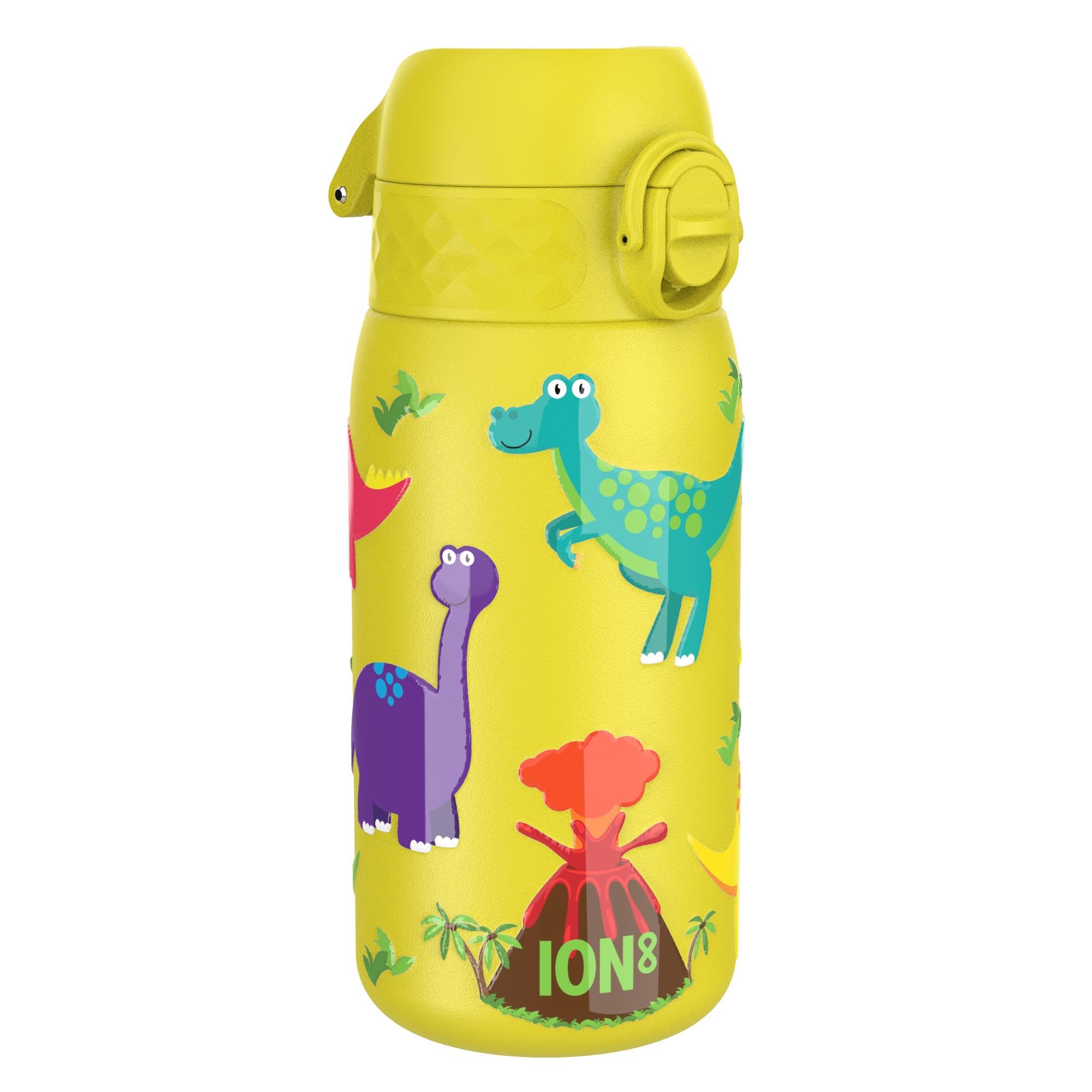 Ion8 Lightweight Steel Kids Water Bottle, 400ml/13oz, Non-Insulated, Leak Proof, Easy to Open, Secure Lock, Dishwasher Safe, Fits Cup Holders, Carry Handle, Metal Water Bottle, Yellow, Dinosaurs