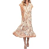 R.Vivimos Womens Summer 2026 Boho Floral Print V Neck Short Sleeve Drawstring Tie Casual Flowy Midi Dress