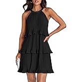 ZESICA Women's 2026 Summer Halter Dresses Sleeveless Ruffle Tiered Layered Chiffon Pleated A Line Swing Mini Dress