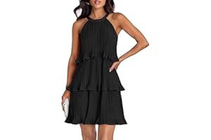 ZESICA Women's 2025 Summer Halter Dresses Sleeveless Ruffle Tiered Layered Chiffon Pleated A Line Swing Mini Dress