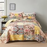 Wistown Cotton Bedspread Bedding Coverlet Quilt Sets, 3 Pieces Reversible Vintage Patchwork Floral Bedspread comforters (Yellow Paisley Patchwork, Queen)