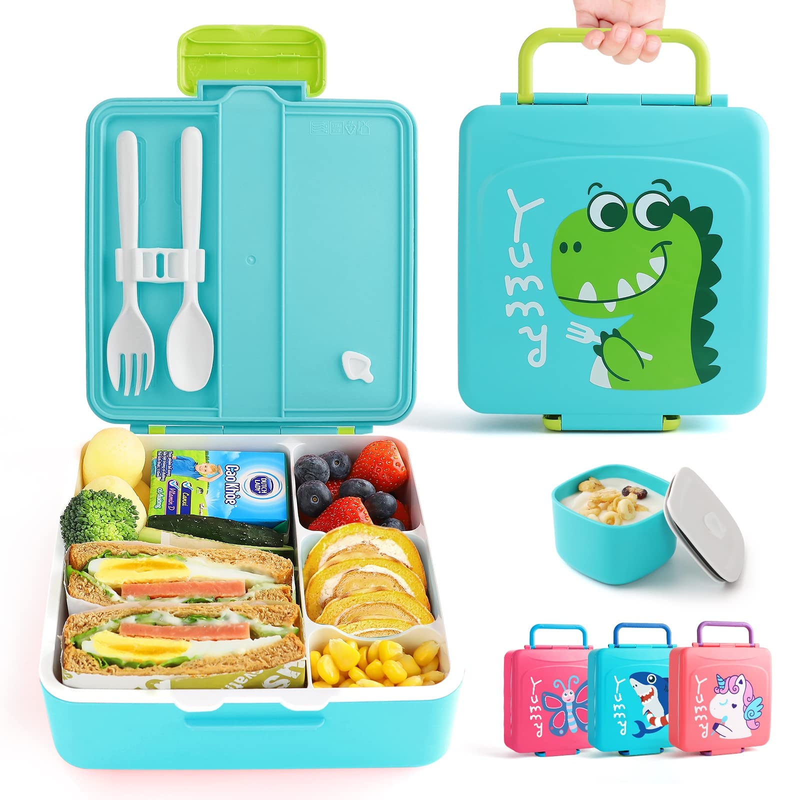 Lehoo Castle Bento Lunch Box for Kids, 1300ml Bento Box Lunch Containers with 4 compartments, Kids Lunch Box with Sauce Jar/Spoon & Fork