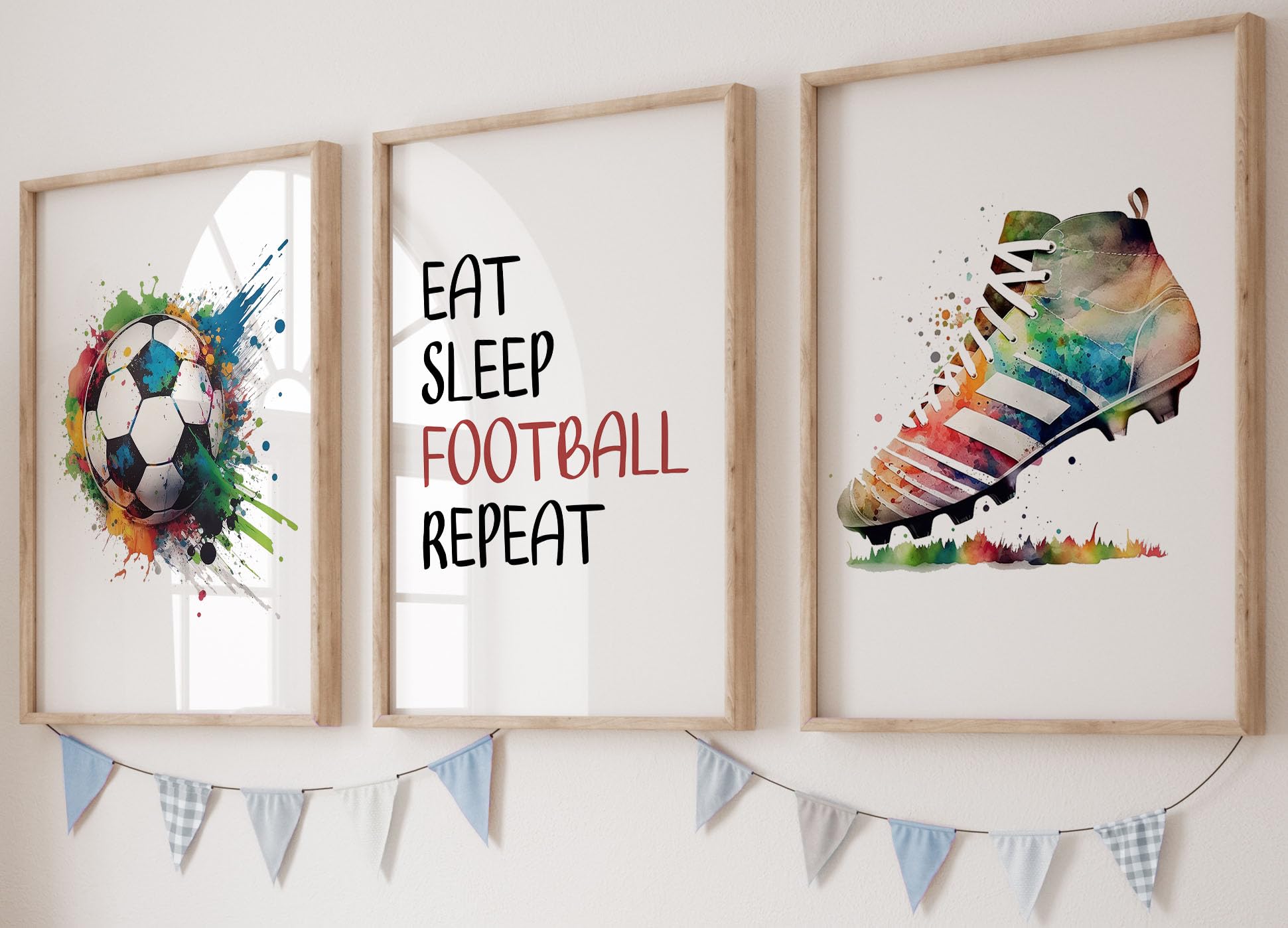 Football Set of 3 Unframed Prints, Football Boots and Ball with Quote Posters, Multi Watercolour Splash, Boys Girls Bedroom Wall Art, Soccer Decor, Eat Sleep Repeat (A4)