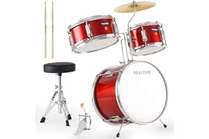 ROAKFONK 3 Piece Kids Drum Set with Throne, Beginner Junior Drum Sets with 14'' Bass Drum, Snare, Tom, Cymbal, Pedal, Drumsticks, Adjustable Seat, Drumset for kids Over 3 years old