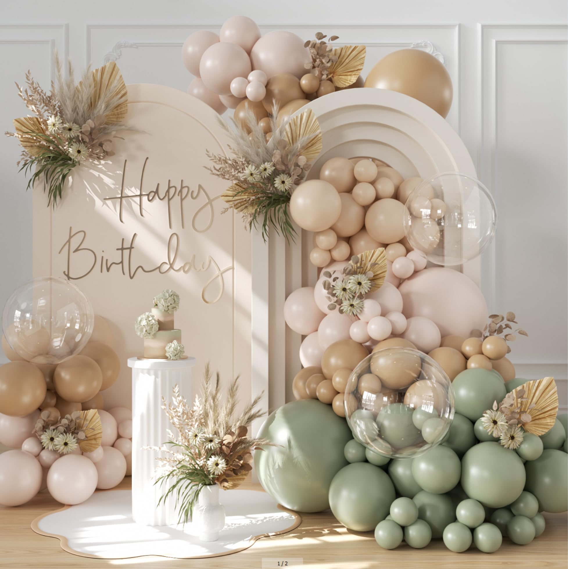 Photo 1 of Sage Green Balloon Arch Kit 126Pcs Neutral Balloon Garland Arch Kit Include Dusty Green Sand White Tan Nude Clear Balloons for Wedding Boho Baby Shower Gender Reveal Birthday Party Decorations