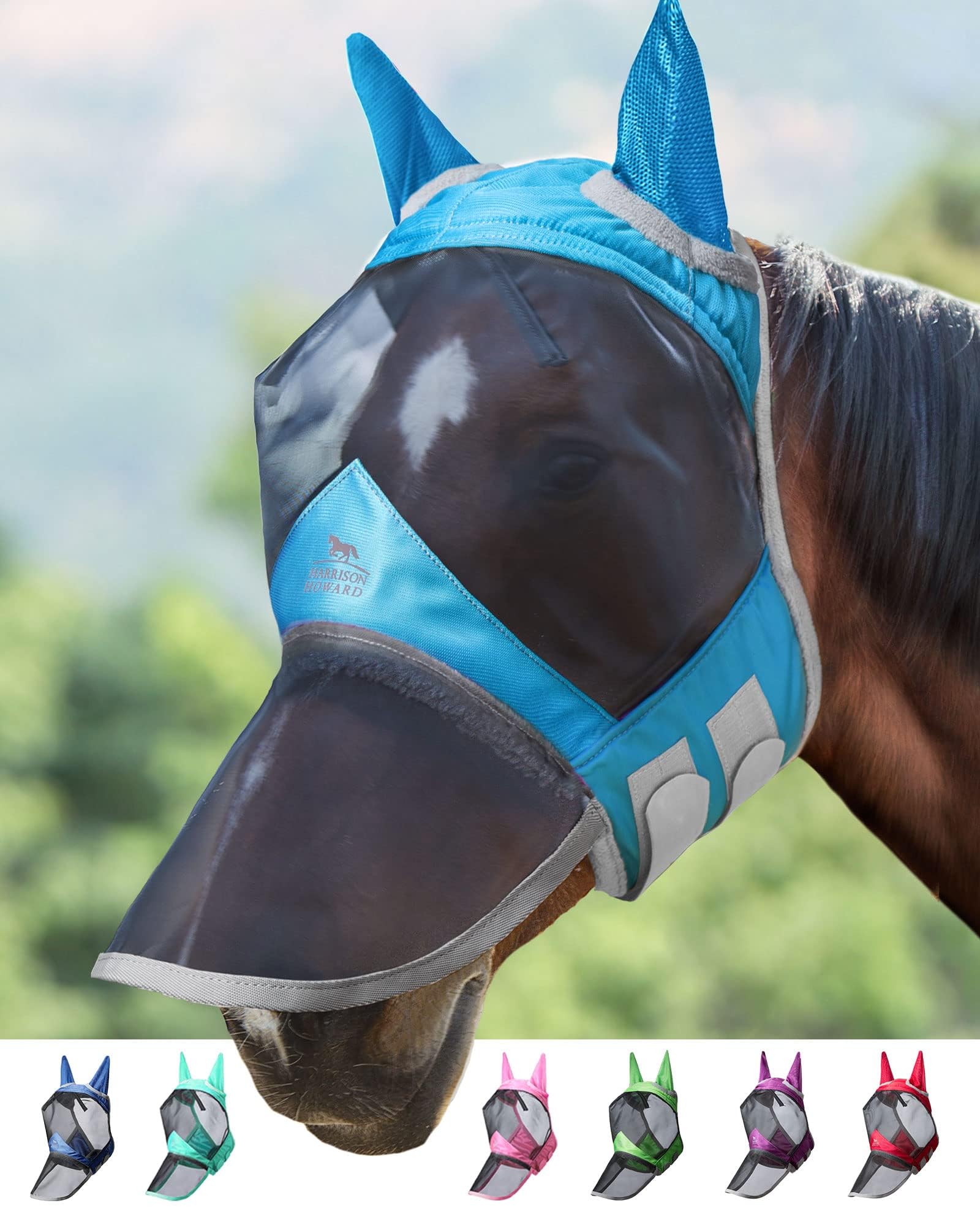 Harrison Howard CareMaster Pro Luminous Horse Fly Mask Large Eye Space Long Nose with Ears UV Protection for Horse Voodoo Blue (S; Pony)