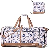 Lekesky Foldable Travel Duffle Bag for Women, Large Duffel Bag with Separate Shoes Compartments & Straps, Carry On Weekend Bag for Women, Hospital, Overnight (Pink Floral Print, 80L)