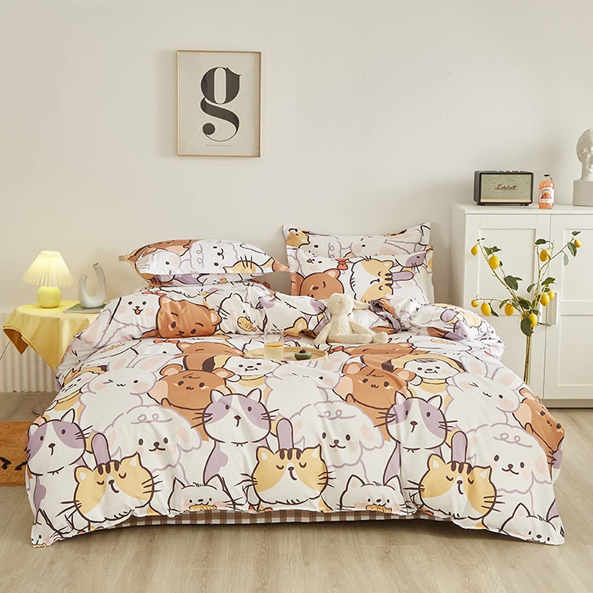 Loussiesd Cat Duvet Cover Set For Kids Girls Double Cute Cartoon Kitten Dog Bedding Set Lovely Kawaii Puppy Animal Comforter Cover Set Reversible Children Pet Cats Dogs Bedspread Cover, Zipper