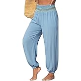 Dokotoo Beach Pants for Womens Vacation Summer Outfits Smocked Waist Harem Boho Flowy Wide Leg Hippie Pants with Pockets