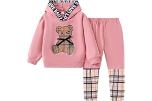 Ayzozuy Toddler Kid Girl Clothes Bear Print Drop Shoulder Hoodie Put Together Plaid Pants 2PC Outfit Set
