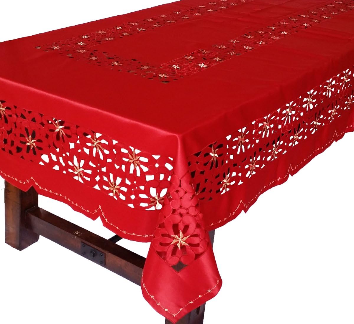 Xia Home Fashions Red Pattern with Holiday Star Embroidered Cutwork Tablecloth, 72-Inch by 120-Inch