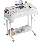 Small White Portable Rolling Standing Desk with Drawers & Storage Shelf, 32 Inch Mobile Stand Up Desk Adjustable Height with Wheels for Home Office, Kids Desks Couch Sofa Side Laptop Craft Table