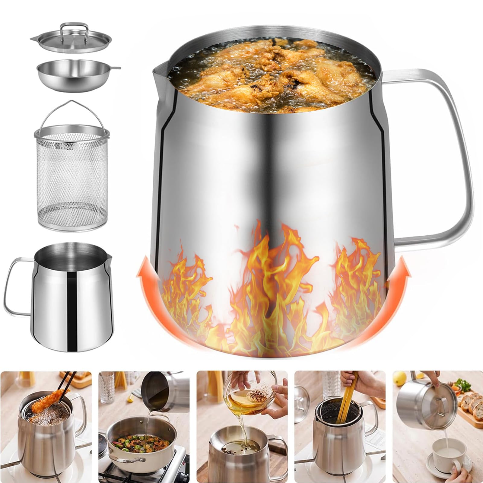 68oz 304 Stainless Steel Oil Strainer Pot with Filter Basket, Mesh and Lid, 2L Large Capacity Cooking Oil Filter for Storing, Frying, Cooking Grease