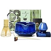 Artcome Matcha Tool Set - Complete Kit with Matcha Bowl with Spout, Bamboo Whisk, Tea Scoop, Whisk Holder, Scoop Holder, Tea Cloth & Powder Strainer, Glaze Blue