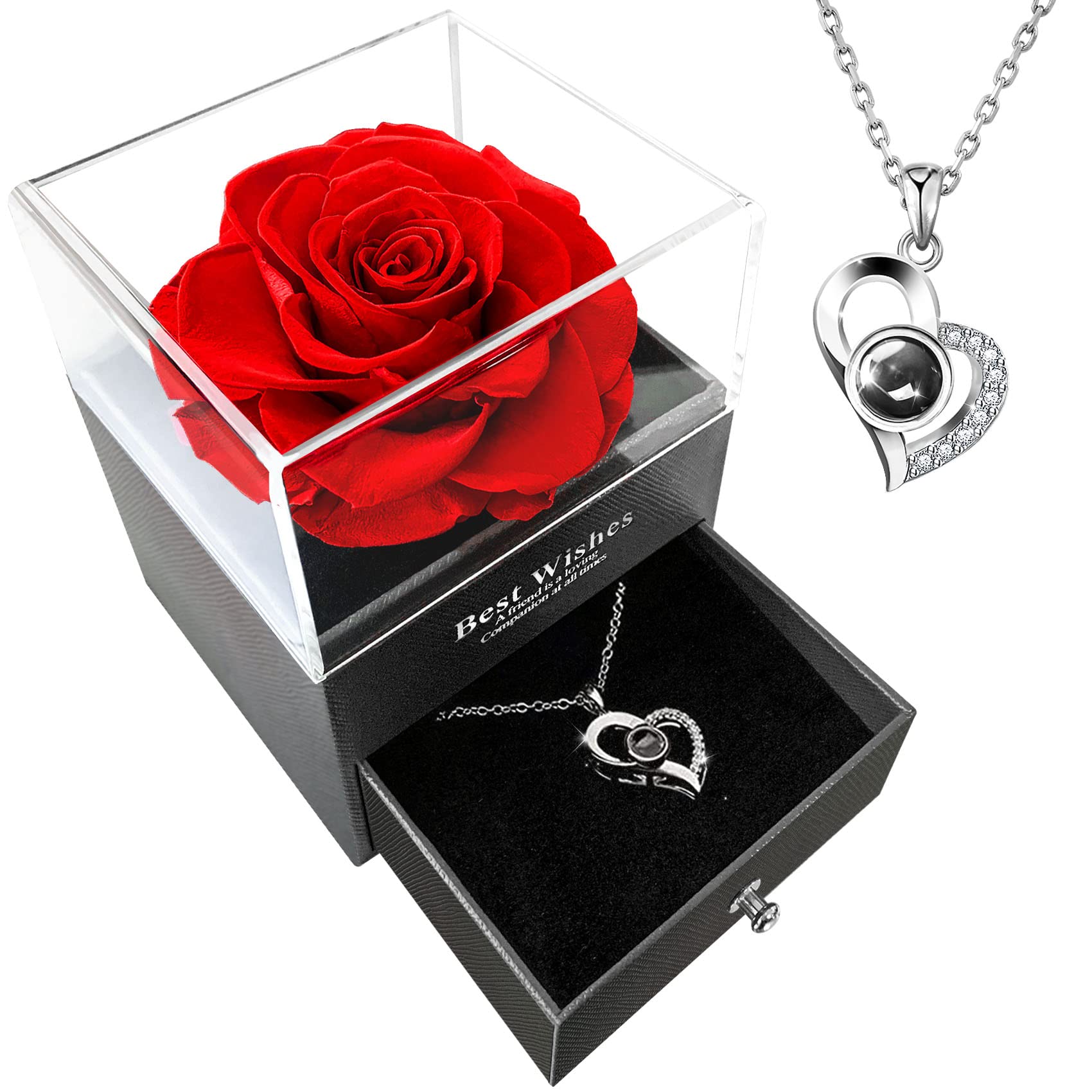 VANGOLD Eternal Real Rose with Necklace Gift Box Preserved Real Flower Enchanted Red Rose Handmade Forever Rose for Valentine's Day Mother's Day Wedding Anniversary Birthday for Her