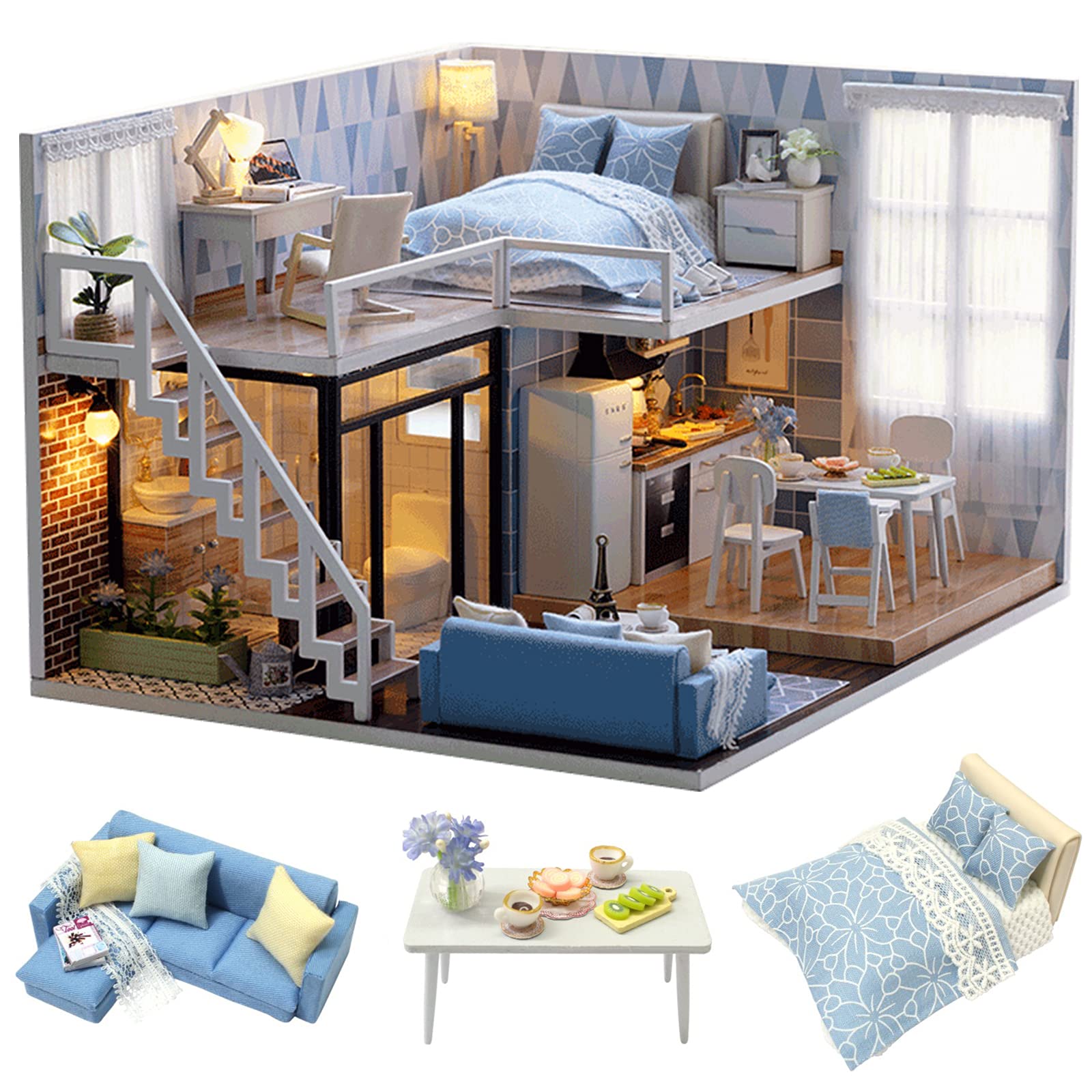 Cuteroom DIY Wooden Dollhouse Handmade Miniature Kit - Light Blue Time Model & Furniture