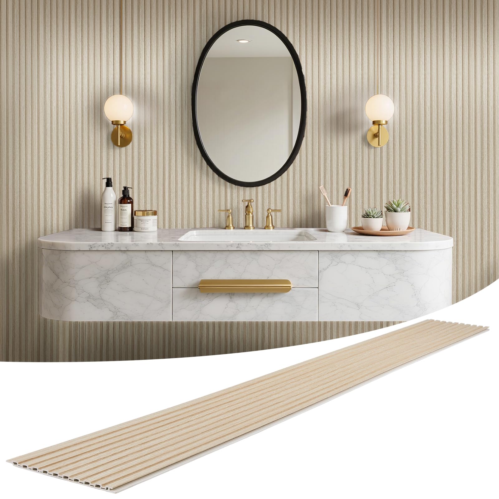 Photo 1 of LARWORKS WPC Slat Wall Panels 8 Pack 96" x 8.2", Waterproof Fluted Wall Paneling, Accent 3D Wall Panel for Wall Decor, Bathroom, Bedroom, Office - Widen Low Grille Oak (Cover Approx.44 sq.ft)