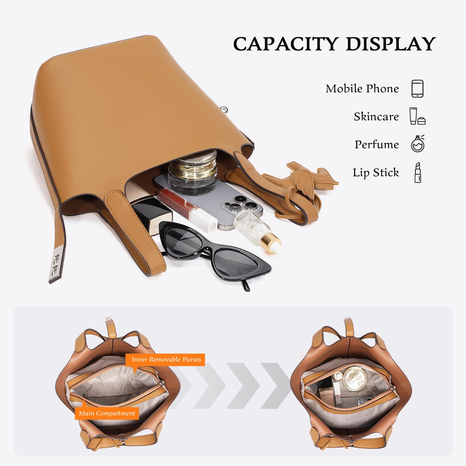 Kadynow Tote Bag for Women Vegan Leather Bucket Purse for Women Top Handle Handbag Shoulder Bag with Detachable Small Purse