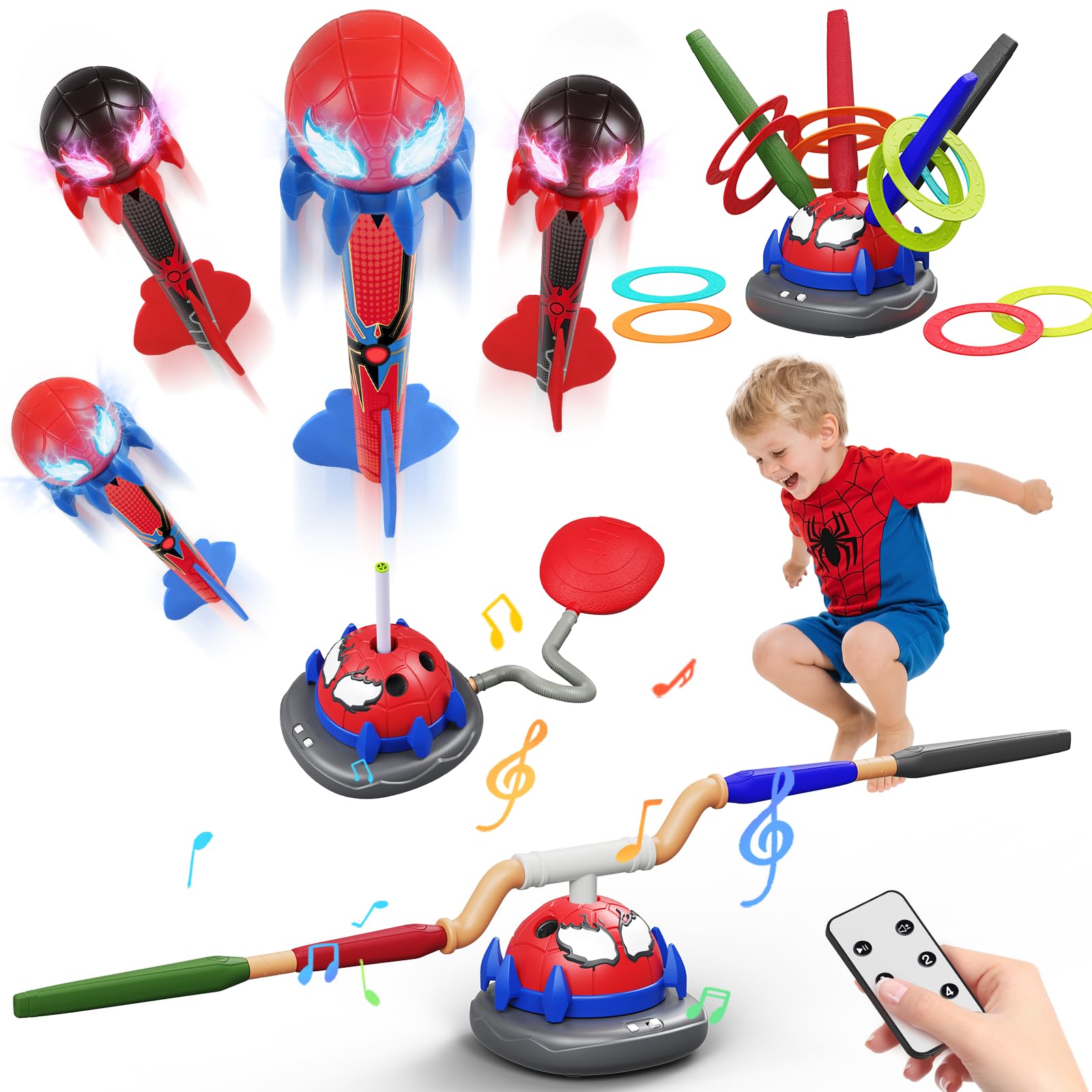 Spider 3-in-1 Rocket Launcher for Kids: 4 Cool Spider Rockets, Ring Toss Game, Musical Jump Toys with Remote Control, Outside Yard Indoor Outdoor Sports Toys for Boys Girls 3 4 5 6 7 8 9 10 Year Old