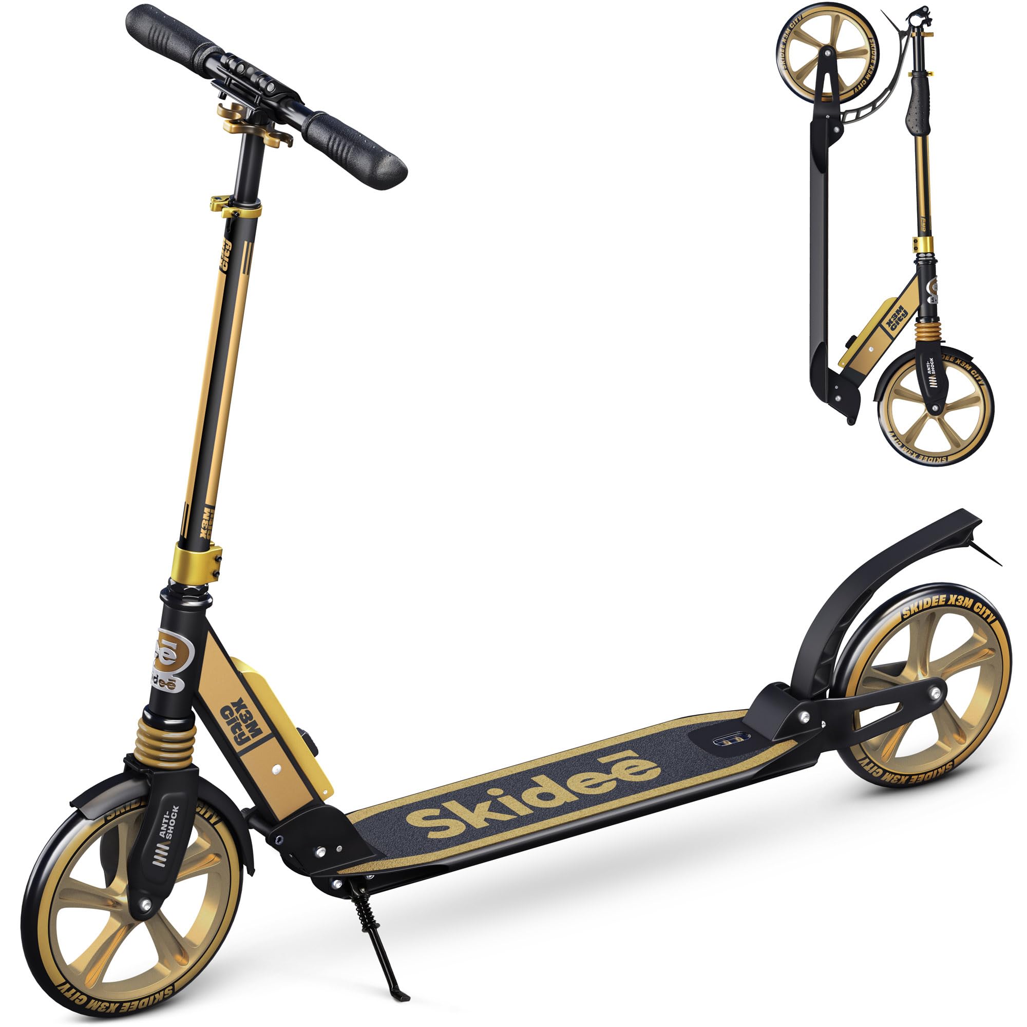 Skidee Adult & Teen Scooter Adjustable Height, Folding, Large Wheels, Lightweight, Durable, Anti-Shock Suspension, Up to 220 lbs