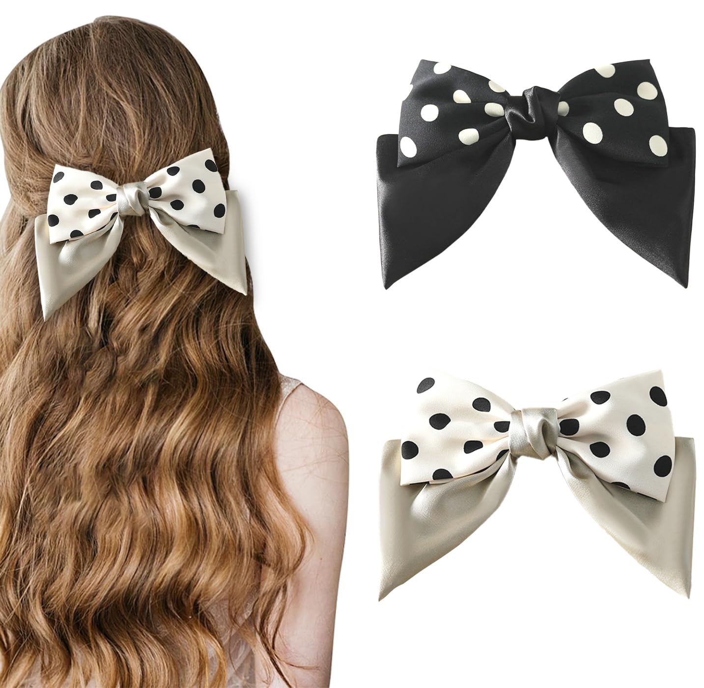 MUNSKT Pack of 2 Hair Bows Clip Women's,Bow for Hair,Hair Clips with Bow French Fabric Satin Hair Clip Hair Accessories for Women Girls (Black and Beige)