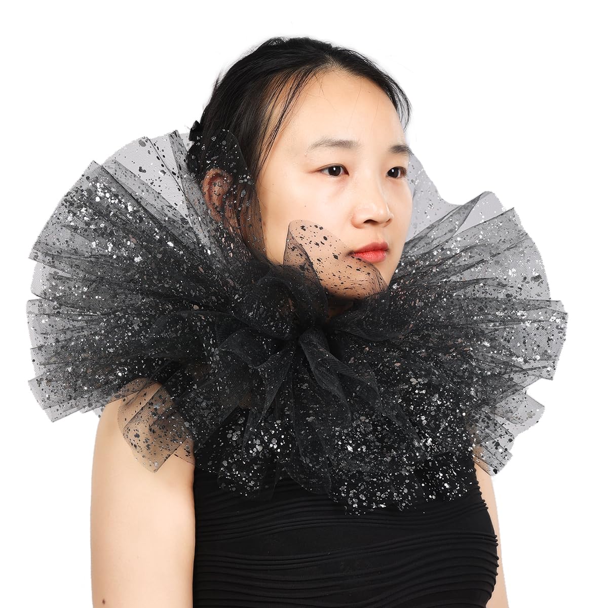 BLESSUME Victorian Ruffle Collar Renaissance Mesh Clown Collar Layered Neck Ruff For Fancy Dress (Black/Silver)
