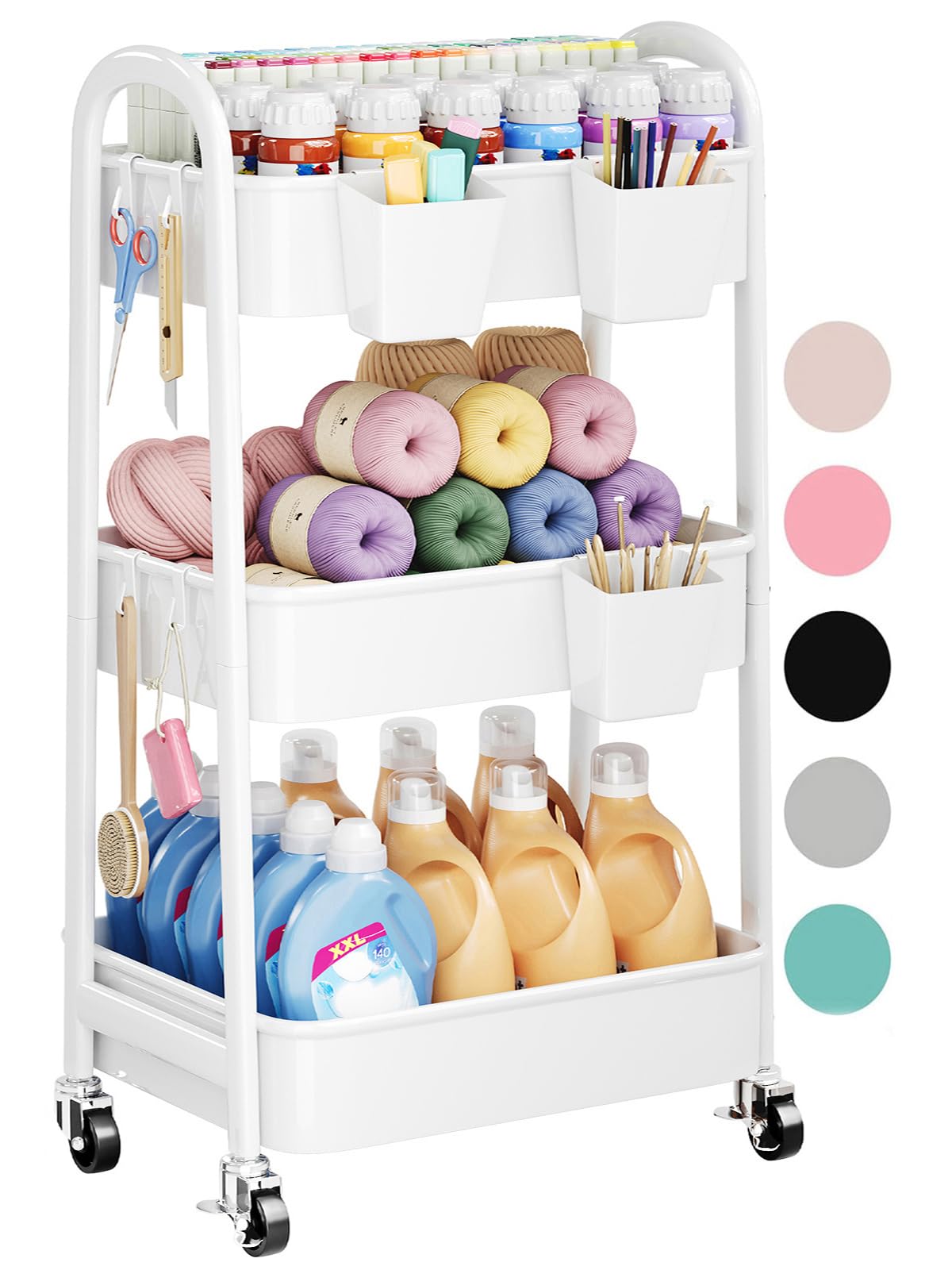 Photo 1 of 3 Tier Rolling Cart Metal with Wheels, Heavy Duty White Three Tiered Craft Cart Organizer on Wheels, Utility Roller Storage Carts for Art, Baby Nursery, Diaper Caddy, Snack,Book,Nail,Cleaning Supplies