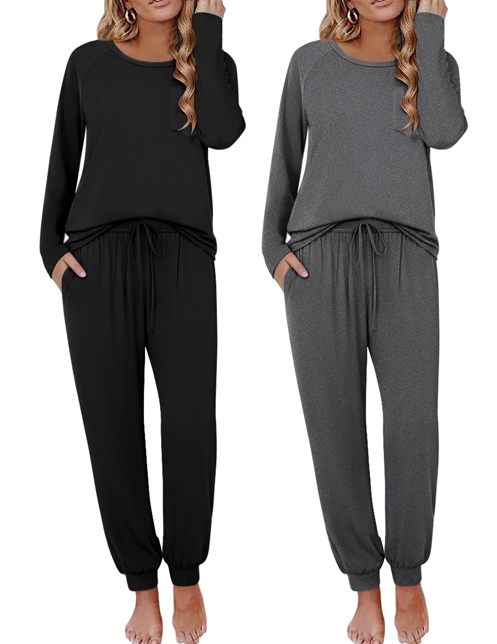 View 1 of *** only comes with the grey pair **
Ekouaer 2 Pack Womens Pajamas Set Long Sleeve Sleepwear Top and Jogger Pants Lounge Sets Cozy Pjs Loungewear,Medium
