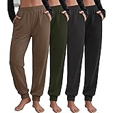 Velvelhall 4 Pack Women's Jogger Pants with Side Pockets Drawstring Elastic Waist Sweatpants Ribbed Cuff Bottom Lounge Pants