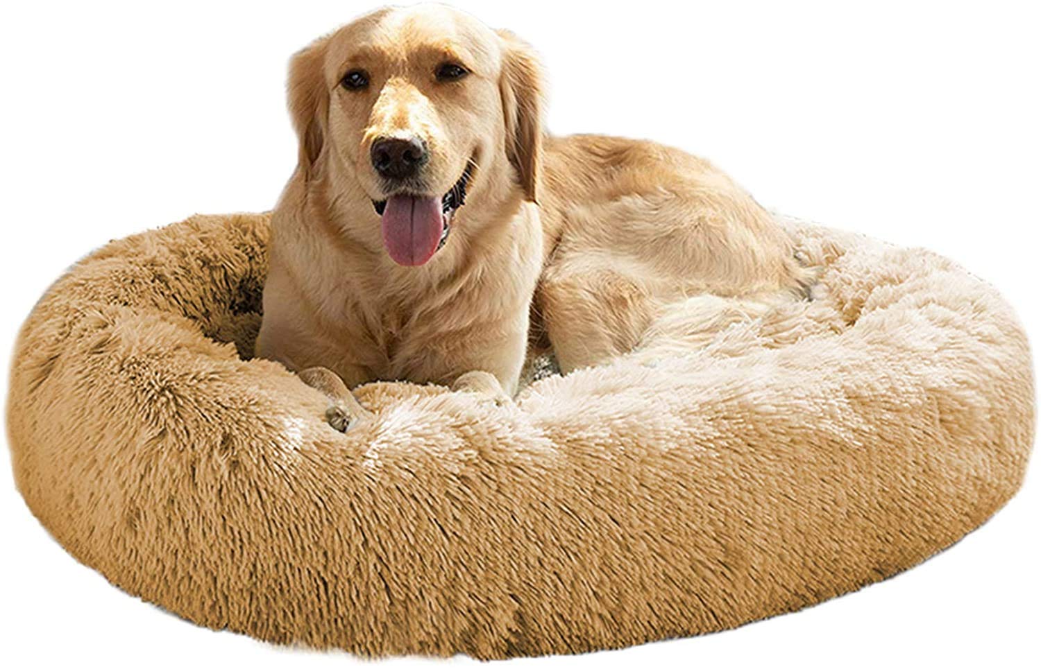 Mirkoo Calming Dog Bed Fluffy, Washable Round Fur Donut Pet Bed for Large Medium Dogs, Faux Fur Cuddler Up to 11/15/25/35kg
