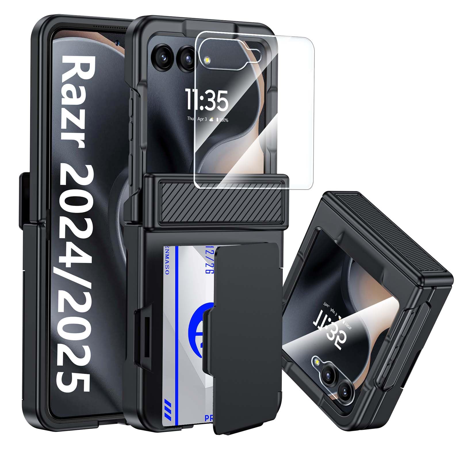 Photo 1 of CENMASO for Motorola Razr 2025 Case/Razr 2024 Case with Card Holder [RFID Blocking] & Hinge Protection & Screen Protector, Rugged Anti-Scratch Shockproof Phone Case for Moto Razr 2025/2024-Black