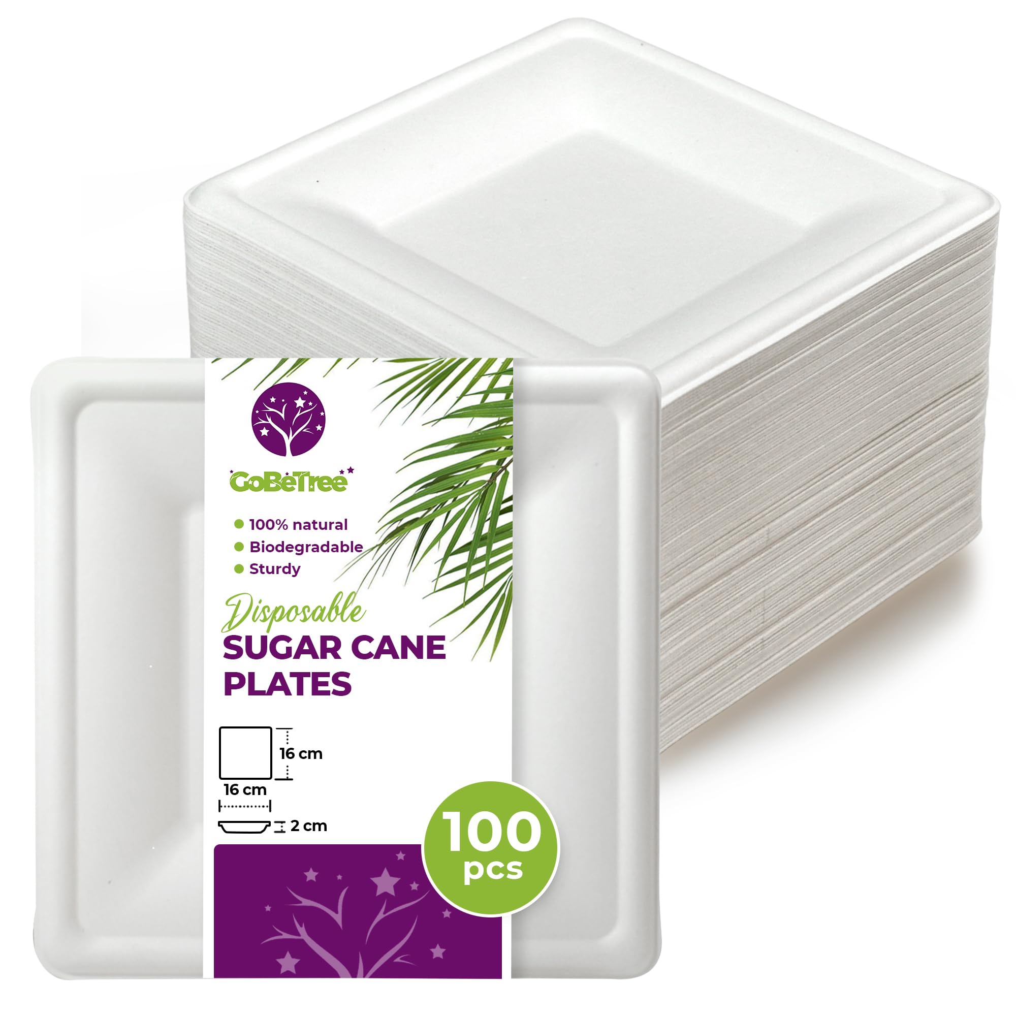 GoBeTree 100 Square White Sugar Cane Plates 16cm Extra Durable Disposable Paper Plates for Camping, Picnics, Parties, BBQ, Birthdays