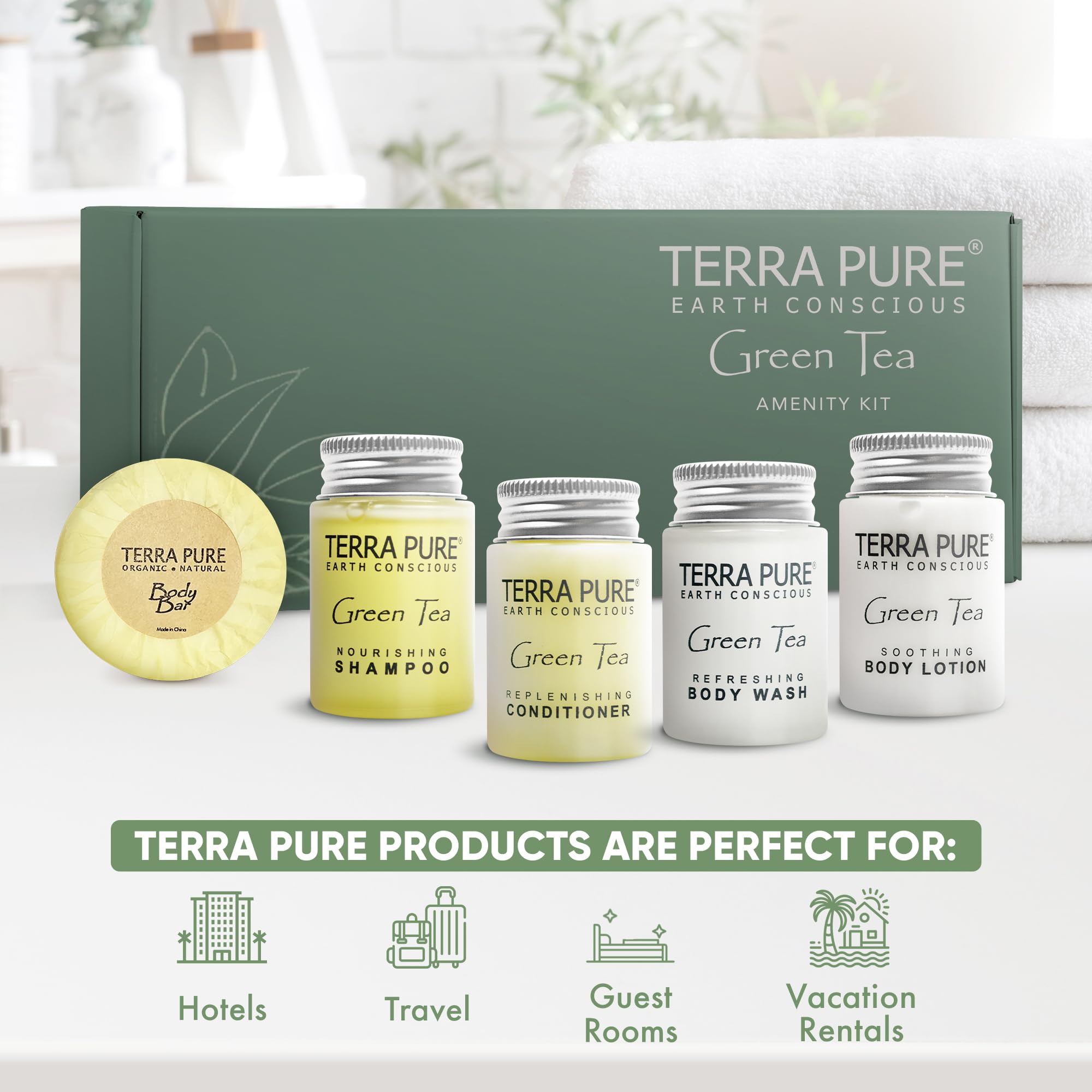 Terra Pure Green Tea Amenity Kit | Boxed Hotel Bulk Toiletries | 1 oz Shampoo, Conditioner, Lotion, Body Wash, Body Bar Soap for Guest Hospitality Vacation Rentals | 1 Set/Case