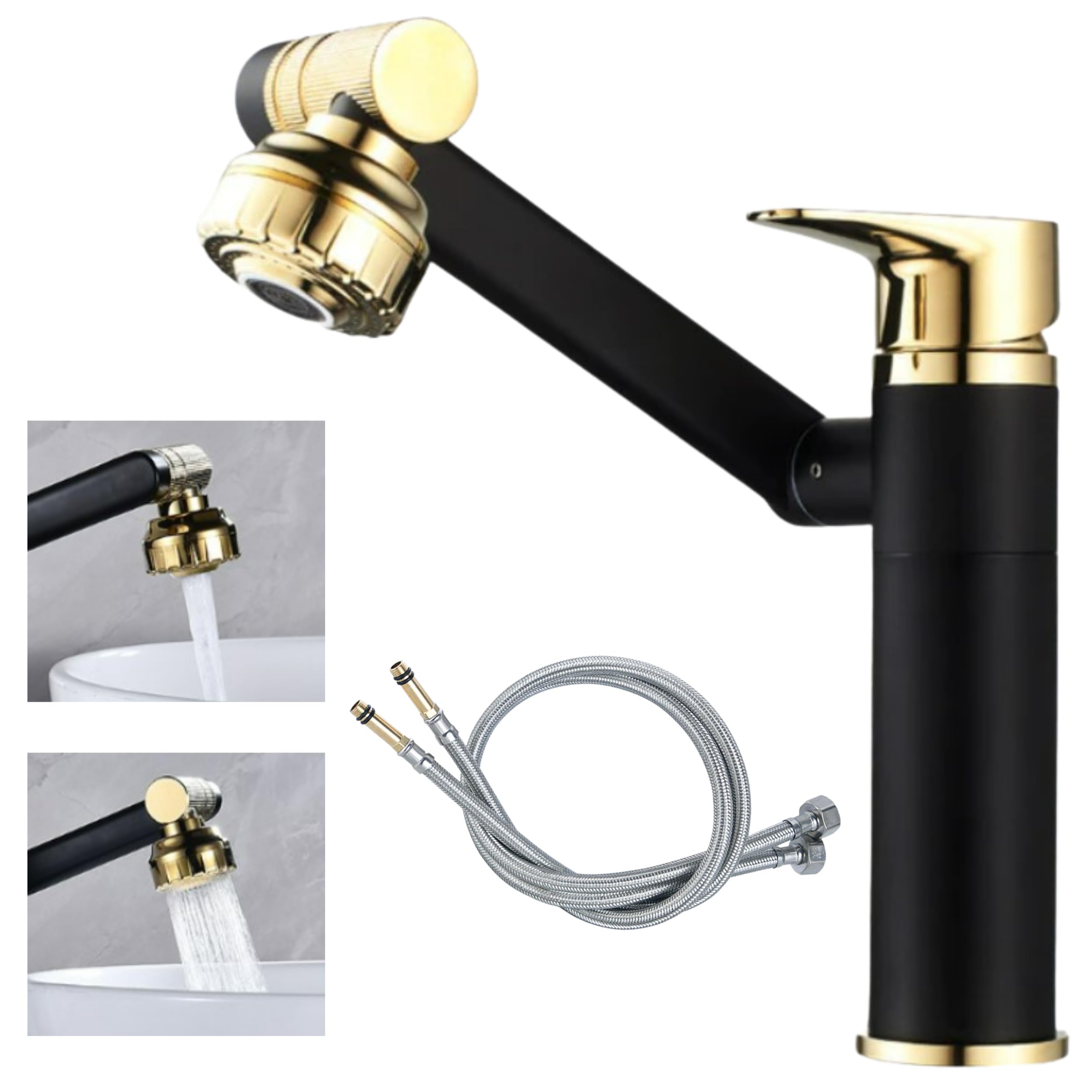 TradeProvider® Kitchen Sink Mixer Tap with 360° Sprayer Faucet, Bar Sink Tub Swivel Spout, Double Flexi Tap Connector Hose 10M x 1/2 inch (600mm), Lead-Free, Brass-Black