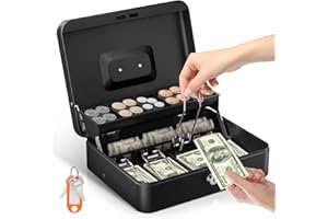 Uniclife Cash Box with Money Tray and Lock, Large Money Box for Cash Register, Safe Metal Lock Box with Key, Portable Money S