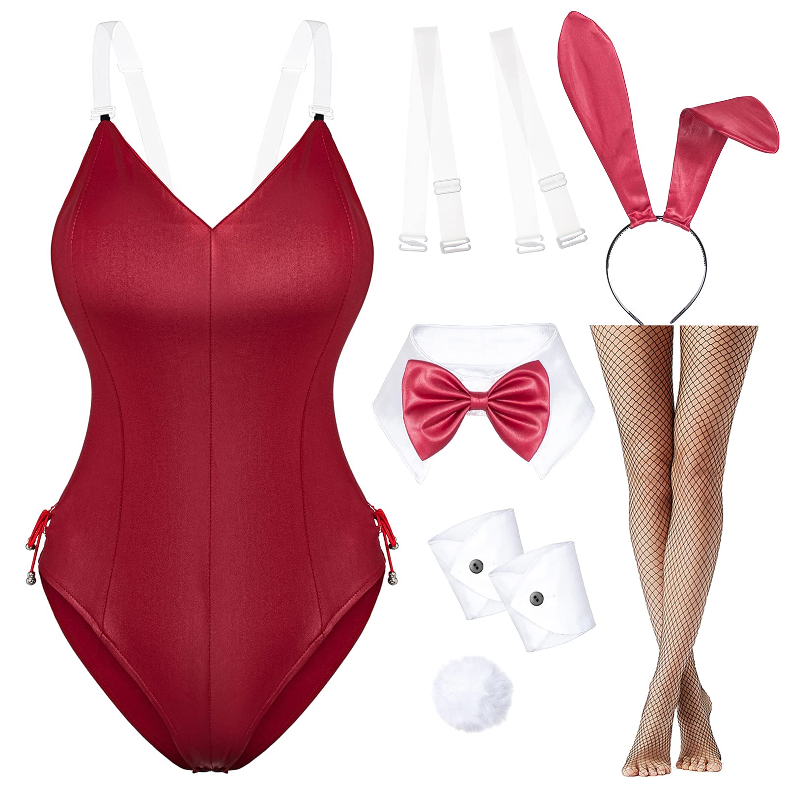 Wannsee Womens Bunny Girl Suit Anime Role Costume Senpai Cosplay Bodysuit One Piece Stockings Set（Red S