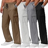 August Alley 4 Pack Men's Cargo Sweatpants Straight Leg Open Bottom Baggy Joggers Pockets Drawstring Lightweight Lounge Pants