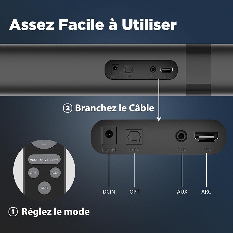 Barre de Son pour téléviseurs, Barre de Son 2 en 1 Divisible avec réglage Automatique du Volume, Haut-parleurs stéréo pour téléviseur avec 3 Modes d'égalisation, Arc/Opt/AUX, 1pcs — photo 7 sur 8