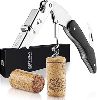 CORKAS Kellnermesser Korkenzieher Holz, Weinöffner mit Flaschenöffner & Folienschneider, Profi Korkenzieher Wein aus Edelstahl zum Sommeliers, Kellner und Barkeeper