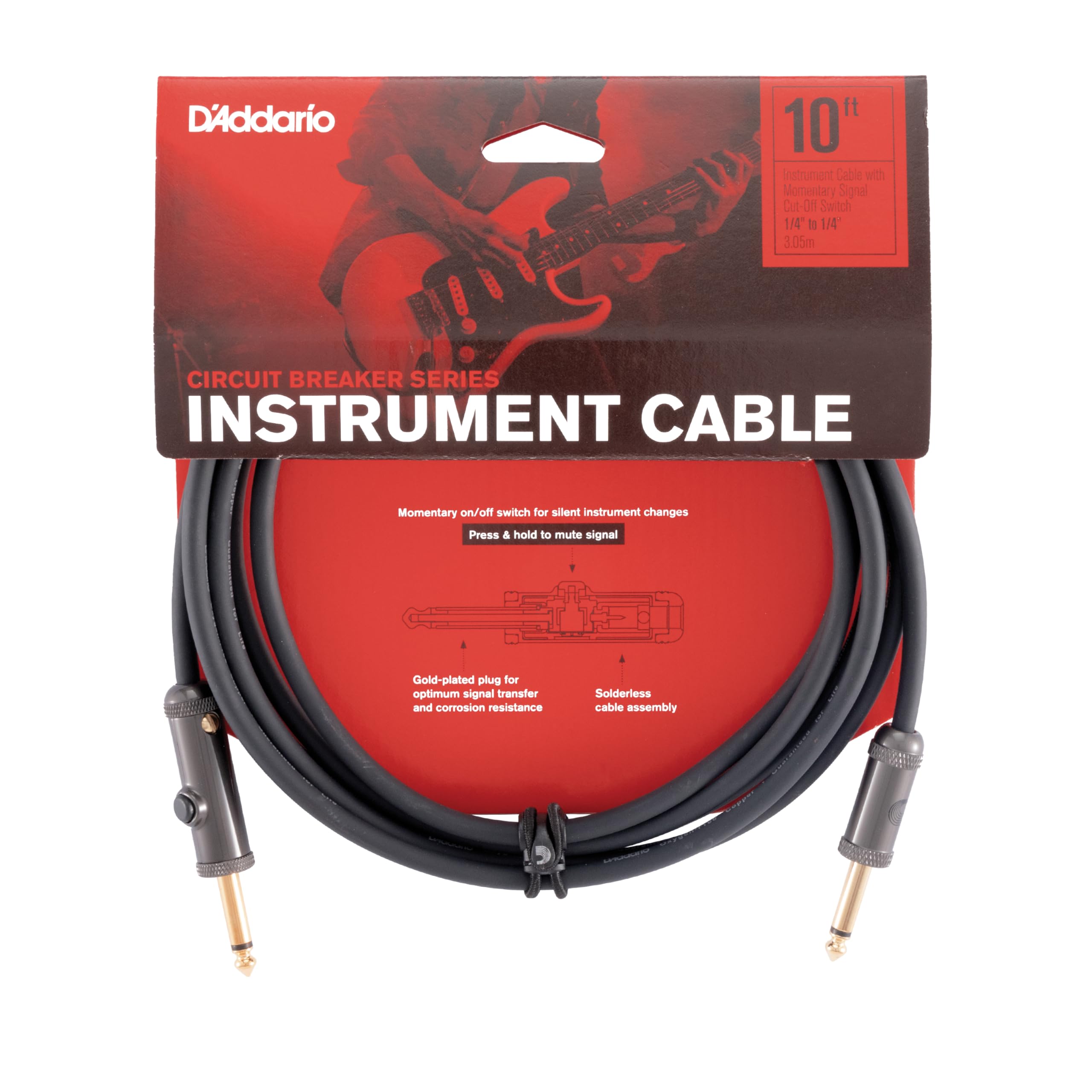 D’Addario Accessories Custom Series Circuit Breaker Guitar Cable - Momentary Kill Switch Instrument Cable with ¼ Inch Ends - On/Off Switch for Silent Instrument Changes - Straight, 10 feet