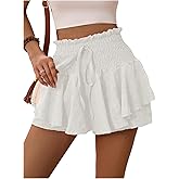 Floerns Women's Summer Mini Skorts Tie Front High Waist Smocked Ruffle Hem Cute Skirt Shorts