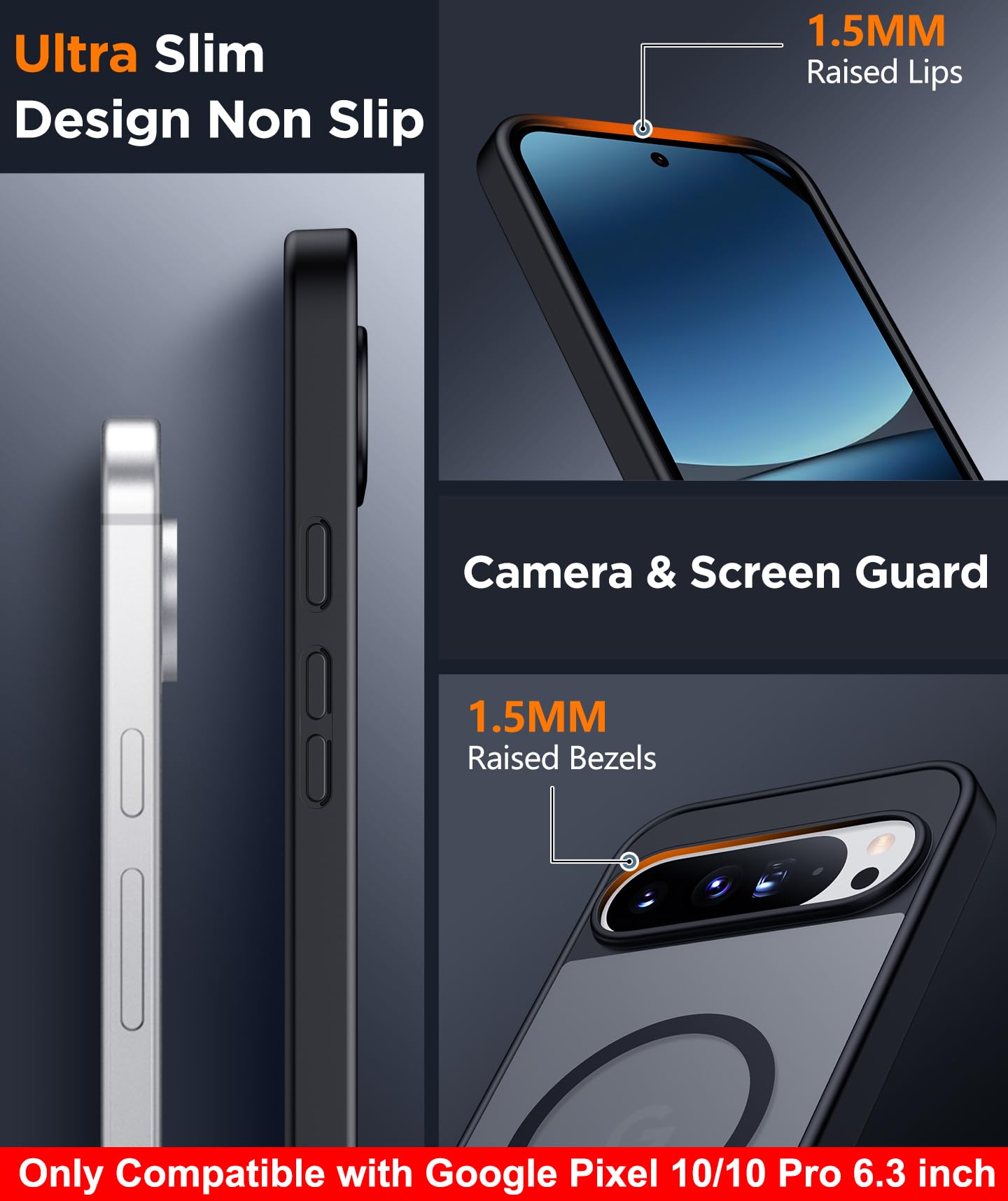 SPIDERCASE Magnetic for Google Pixel 10/Pixel 10 Pro Case, Military Grade Drop Protection Slim Translucent Matte Shockproof Anti-Fingerprint Phone Case for Pixel 10/10 Pro 6.3 inch, Black