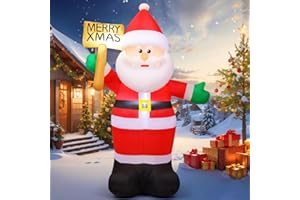 GOOSH 8 FT Christmas Inflatable Santa Claus Outdoor Decorations Blow Up Yard Santa Claus Holding Merry Xmas Sign with Built-in LEDs for Holiday Party Xmas Yard Garden Lawn Decor