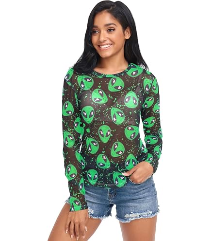 JHKKU Women's Mesh Top Cat Alien Astronauts Sheer Shirts, S | See